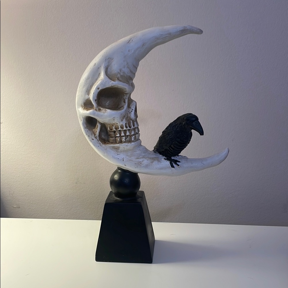 Crescent Moon Skull with Raven Sculpture
